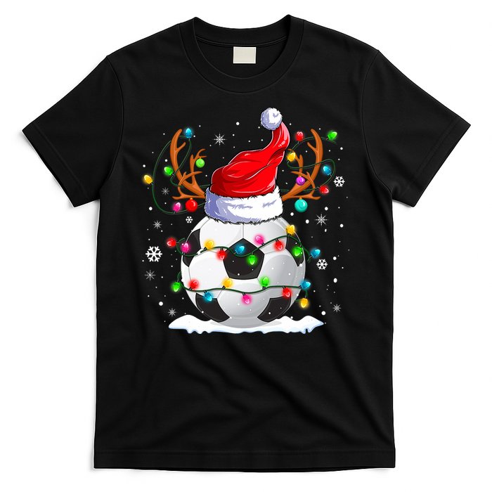 Soccer Santa Hat Reindeer Christmas Lights Funny Xmas T-Shirt