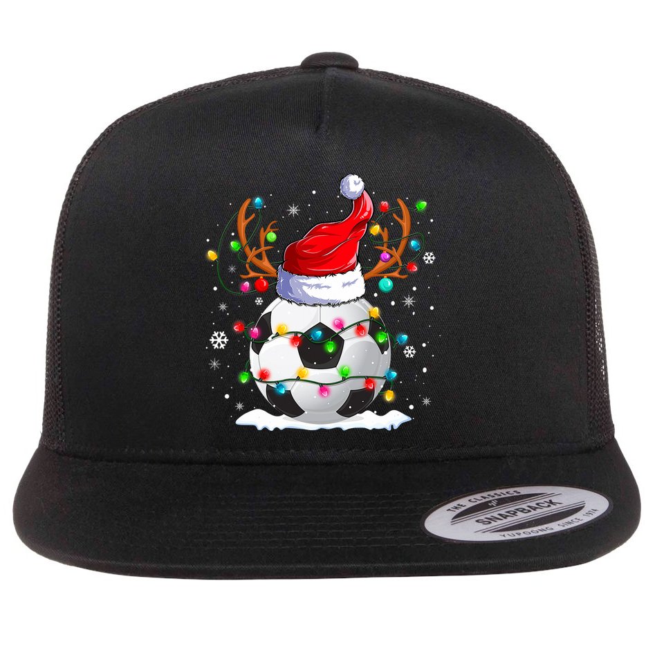 Soccer Santa Hat Reindeer Christmas Lights Funny Xmas Flat Bill Trucker Hat