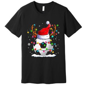 Soccer Santa Hat Reindeer Christmas Lights Funny Xmas Premium T-Shirt