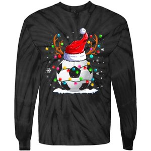 Soccer Santa Hat Reindeer Christmas Lights Funny Xmas Tie-Dye Long Sleeve Shirt