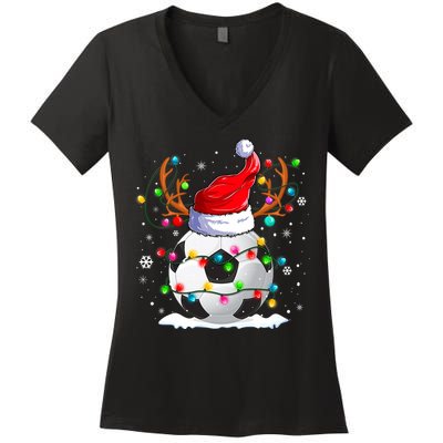 Soccer Santa Hat Reindeer Christmas Lights Funny Xmas Women's V-Neck T-Shirt
