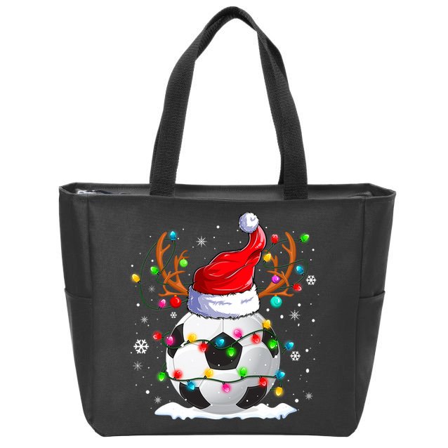 Soccer Santa Hat Reindeer Christmas Lights Funny Xmas Zip Tote Bag