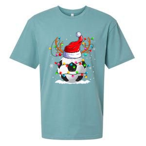 Soccer Santa Hat Reindeer Christmas Lights Funny Xmas Sueded Cloud Jersey T-Shirt