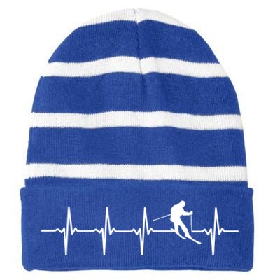 Skiing Ski Heartbeat Gift For Skiers Cool Gift Striped Beanie with Solid Band