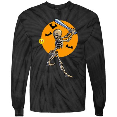 Softball Skeleton Halloween Tie-Dye Long Sleeve Shirt