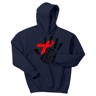 Stop Stigma Hiv Aids Awareness Month Handprint Red Ribbon Kids Hoodie