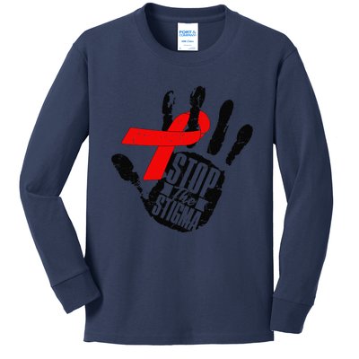 Stop Stigma Hiv Aids Awareness Month Handprint Red Ribbon Kids Long Sleeve Shirt