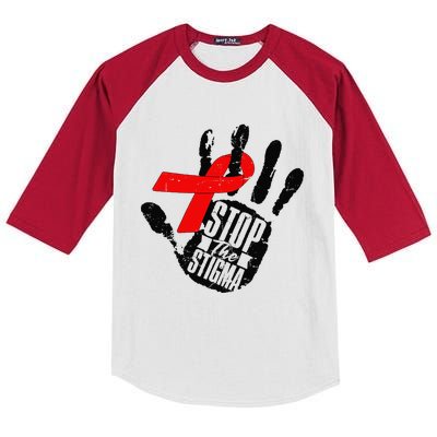 Stop Stigma Hiv Aids Awareness Month Handprint Red Ribbon Kids Colorblock Raglan Jersey