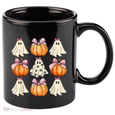 Spooky Season Halloween Ghost Pumpkin Ribbon Coquette Bow 11oz C Handle Ceramic Mug
