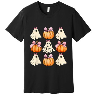 Spooky Season Halloween Ghost Pumpkin Ribbon Coquette Bow Premium T-Shirt