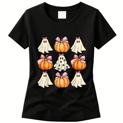 Spooky Season Halloween Ghost Pumpkin Ribbon Coquette Bow Womens T-Shirt