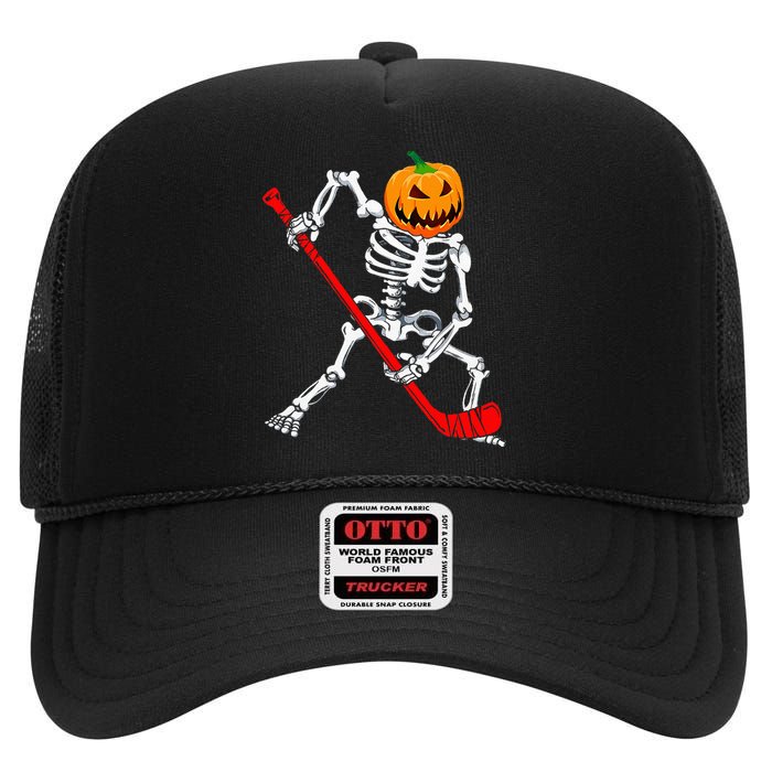 Spooky Skeleton Hockey Pumpkin Patch High Crown Mesh Back Trucker Hat