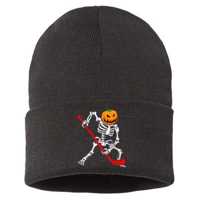 Spooky Skeleton Hockey Pumpkin Patch Sustainable Knit Beanie