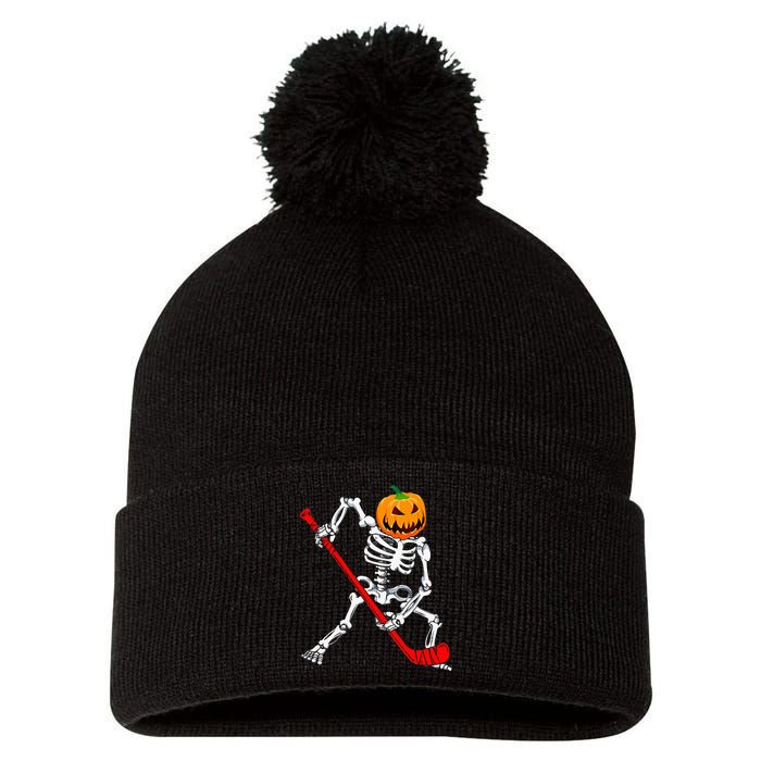 Spooky Skeleton Hockey Pumpkin Patch Pom Pom 12in Knit Beanie