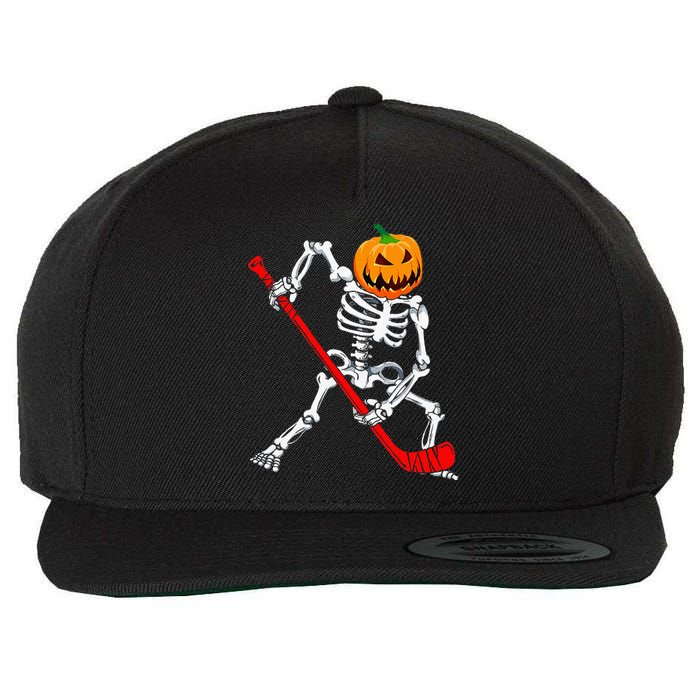 Spooky Skeleton Hockey Pumpkin Patch Wool Snapback Cap