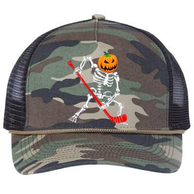 Spooky Skeleton Hockey Pumpkin Patch Retro Rope Trucker Hat Cap