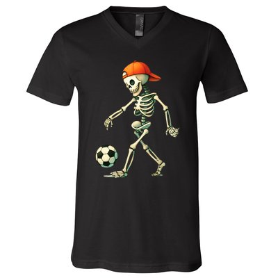 Skeleton Soccer Halloween Costume Funny V-Neck T-Shirt