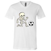 Soccer Skeleton Halloween Man Boy Soccer Player Funny V-Neck T-Shirt