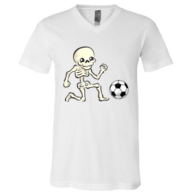 Soccer Skeleton Halloween Man Boy Soccer Player Funny V-Neck T-Shirt