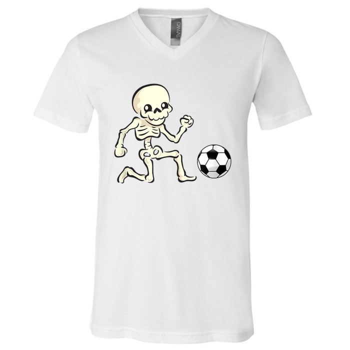 Soccer Skeleton Halloween Man Boy Soccer Player Funny V-Neck T-Shirt