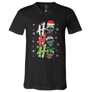  Sugar Skull Ho Ho Ho Xmas Mexican Christmas V-Neck T-Shirt