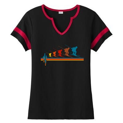 Skiing Ski Heartbeat Skier Retro Vintage Gift Ladies Halftime Notch Neck Tee