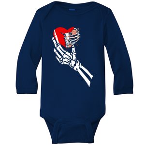 Skull Skeleton Hand Holding Red Heart Love Valentines Day Funny Gift Baby Long Sleeve Bodysuit