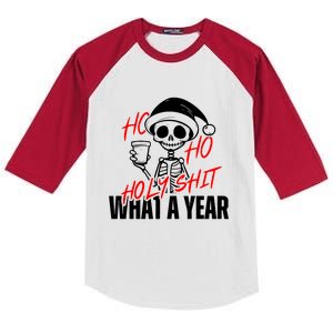 Santa Skeleton Ho Ho Holy Shit What A Year Funny Christmas Gift Kids Colorblock Raglan Jersey