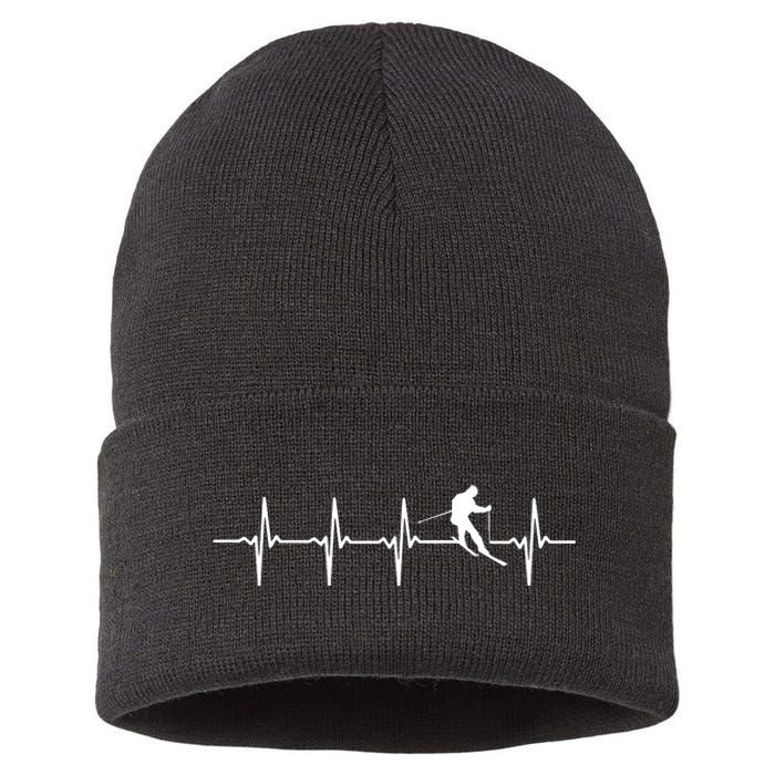 Skiing Ski Heartbeat T Gift For Skiers Sustainable Knit Beanie