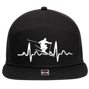 Skiing Skier Heartbeat Gift 7 Panel Mesh Trucker Snapback Hat