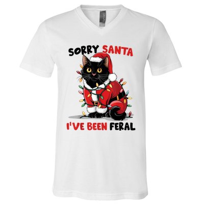 Sorry Santa IVe Been Feral Black Cat Christmas Funny V-Neck T-Shirt