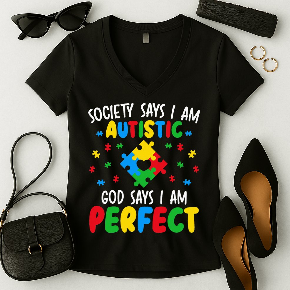 Society Says I Am Autistic God Says I Am Perfect Autism Women's V-Neck T-Shirt