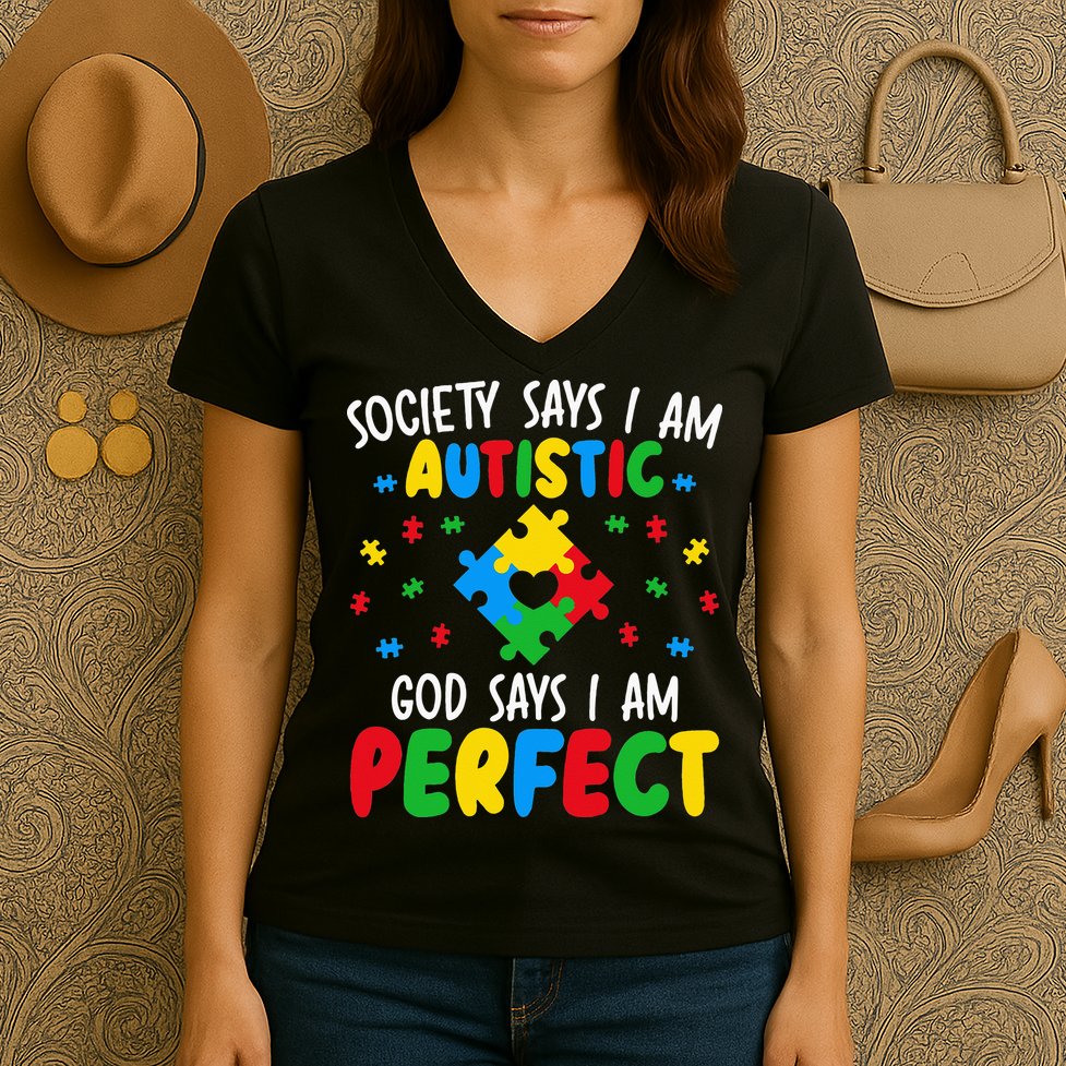 Society Says I Am Autistic God Says I Am Perfect Autism Women's V-Neck T-Shirt