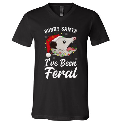 Sorry Santa IVe Been Feral Funny Feral Opossum Christmas V-Neck T-Shirt