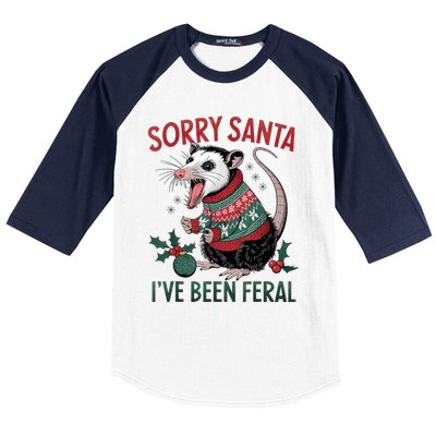 Sorry Santa IVe Been Feral Funny Feral Opossum Christmas Baseball Sleeve Shirt