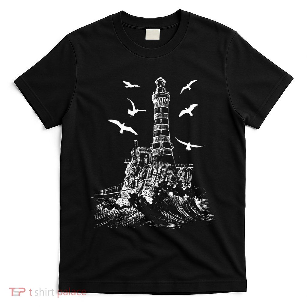 Seagull Silhouette Illustrated Lighthouse Image Gift T-Shirt
