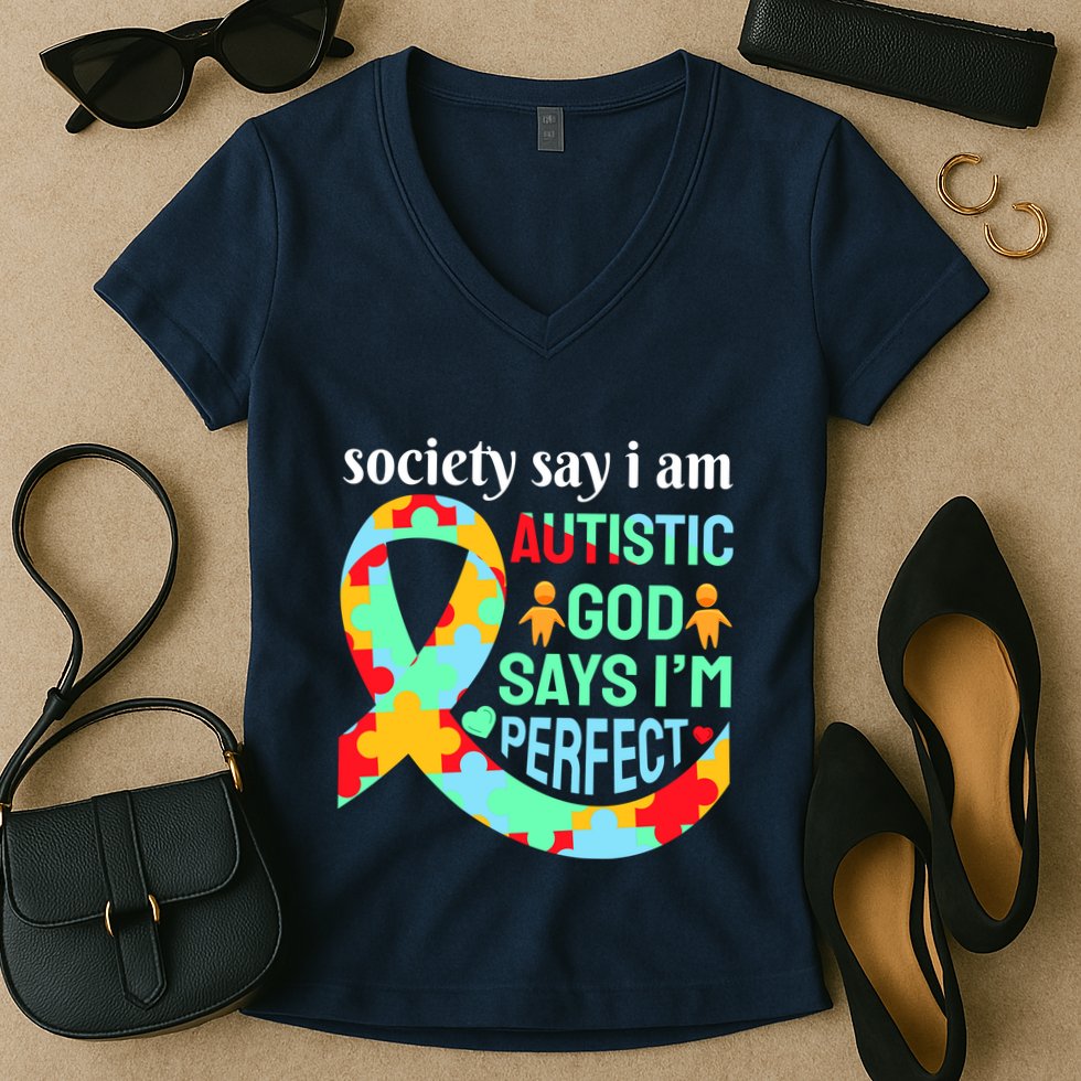 Society Say I Am Autistic God Says I'm Perfect Autism Awareness Women's V-Neck T-Shirt