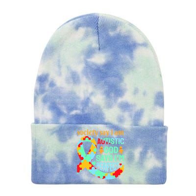 Society Say I Am Autistic God Says I'm Perfect Autism Awareness Tie Dye 12in Knit Beanie