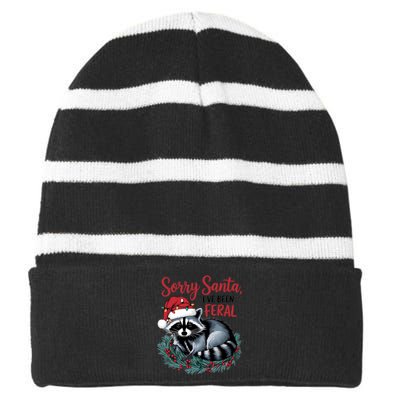 Sorry Santa IVe Been Feral Christmas Holiday Raccoon Striped Beanie with Solid Band