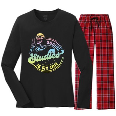 Social Studies Is My Jam Skeleton History Teacher Costume Women's Long Sleeve Flannel Pajama Set 