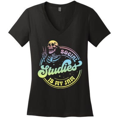 Social Studies Is My Jam Skeleton History Teacher Costume Women's V-Neck T-Shirt