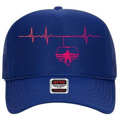 Ski Skiing Instructor Skier Sitting In Lift With Heartbeat Gift High Crown Mesh Back Trucker Hat