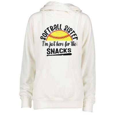 Softball Sister IM Just Here For The Snacks Funny Softball Womens Funnel Neck Pullover Hood