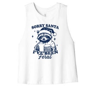 Sorry Santa Ive Been Feral Funny Christmas Raccoon Cookies And Milk Women's Racerback Cropped Tank