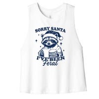 Sorry Santa Ive Been Feral Funny Christmas Raccoon Cookies And Milk Women's Racerback Cropped Tank