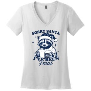 Sorry Santa Ive Been Feral Funny Christmas Raccoon Cookies And Milk Women's V-Neck T-Shirt