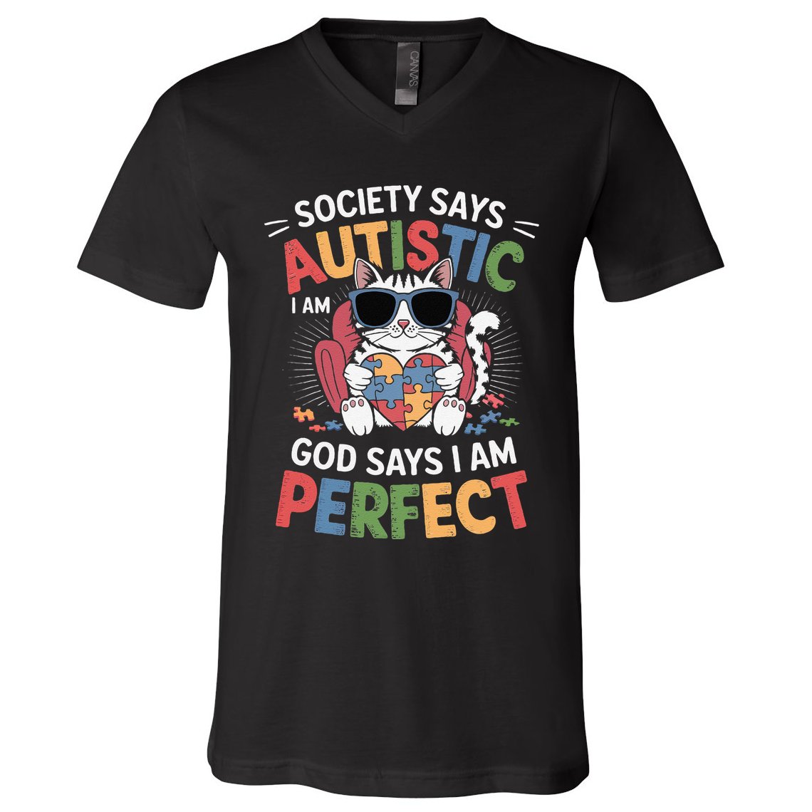 Society Says I Am Autistic God Says I Am Perfect Autism Cat V-Neck T-Shirt