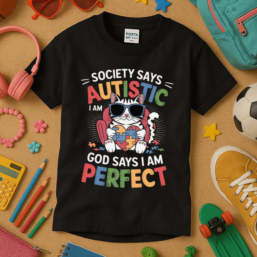 Society Says I Am Autistic God Says I Am Perfect Autism Cat Kids T-Shirt