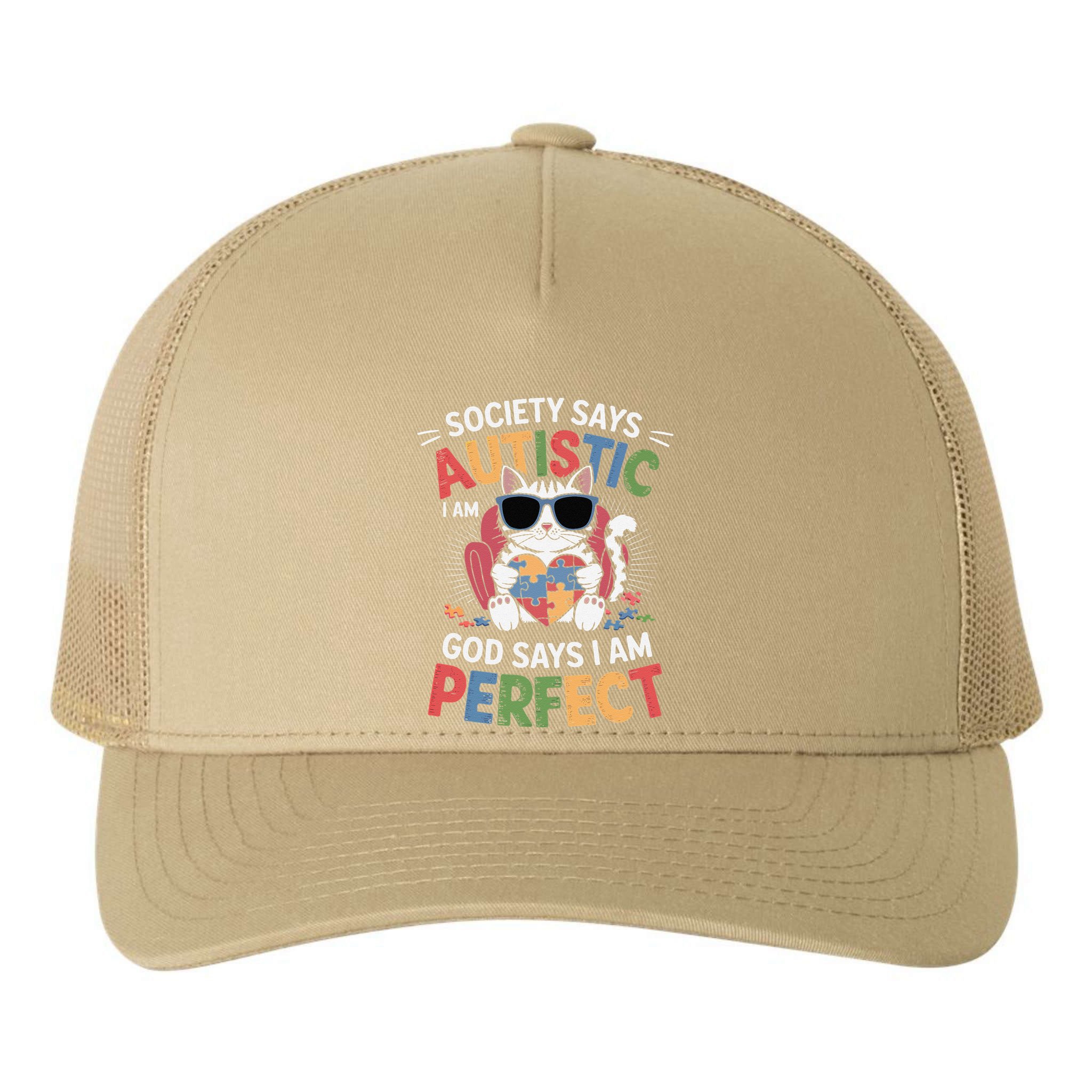 Society Says I Am Autistic God Says I Am Perfect Autism Cat Yupoong Adult 5-Panel Trucker Hat