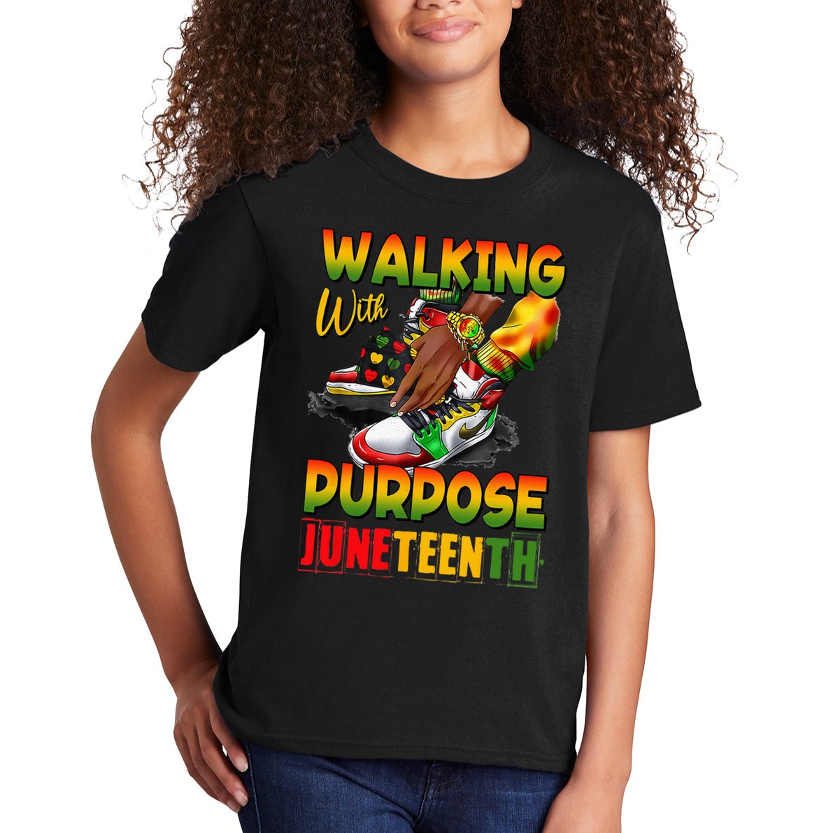 Shoes Steppin' Into Juneteenth Walking With Purpose Kids T-Shirt
